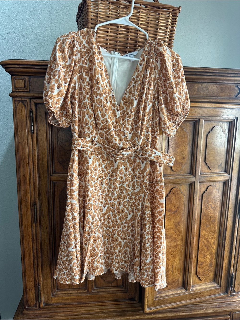Nine West Leopard Print Wrap Dress with Puff Sleeves - Tan/White